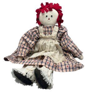 Vintage Raggedy Ann Cloth Doll Red Yarn Hair & Plaid Dress ladybug 24" READ